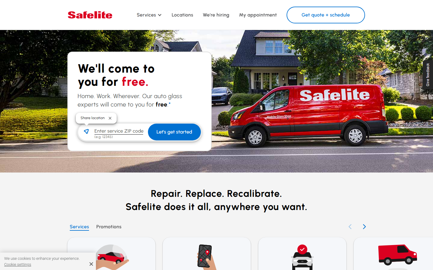 Safelite AutoGlass homepage showing its windshield repair and replacement services