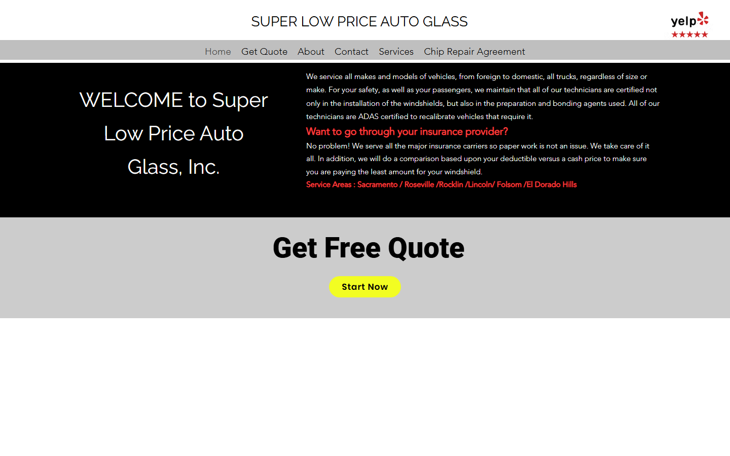Super Low Price Auto Glass homepage showing its Rocklin auto glass services
