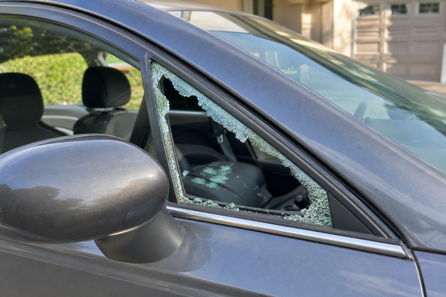 Broken triangular vent glass on a car before replacement