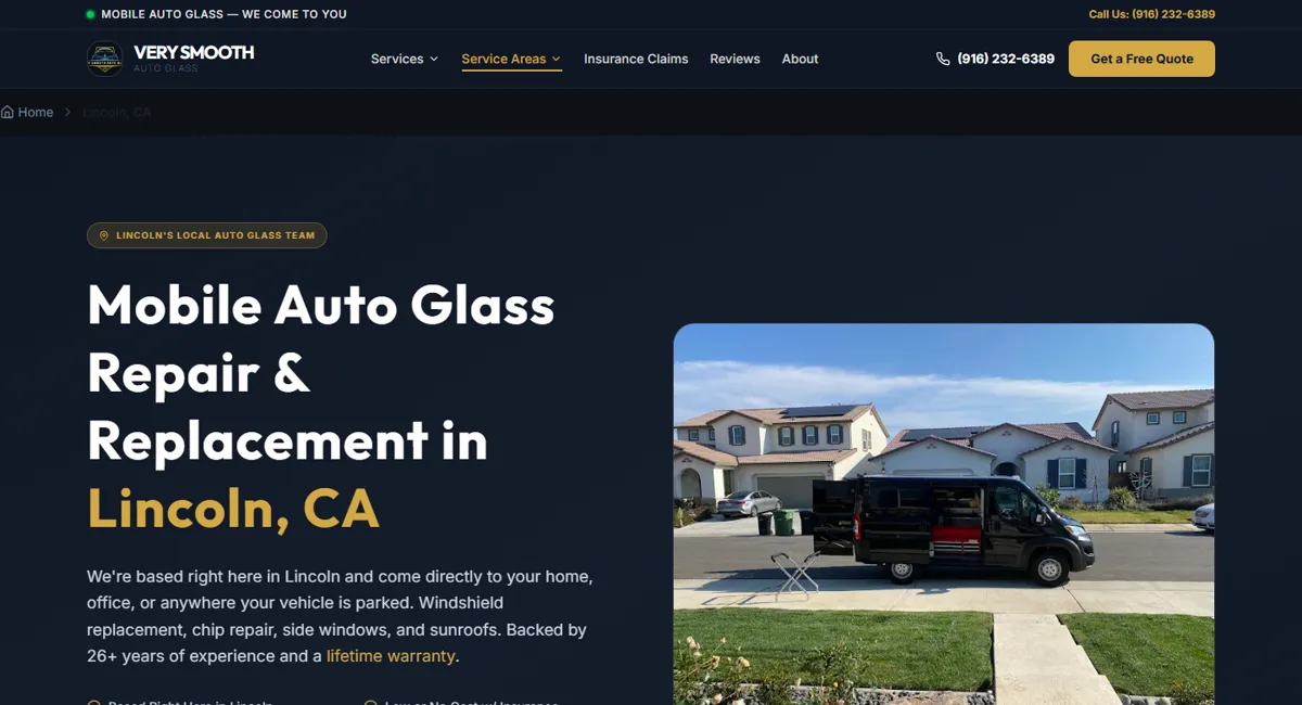 Very Smooth Auto Glass mobile service van parked at a Lincoln Crossing home